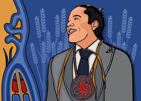 Illustration of Jordan Jamieson against a blue background with stocks of wheat