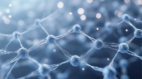 Abstract 3D representation of connections, showing interconnected nodes with branching filaments on a light blue background, symbolizing a network or scientific concept.