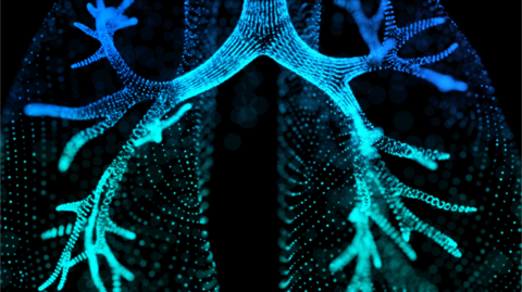 Abstract representation of branching neural or respiratory structures in glowing blue dots, with a bold yellow geometric element overlay on a black background