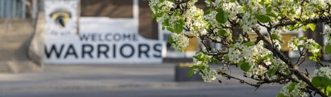 Welcome warriors sign with cherry blossoms